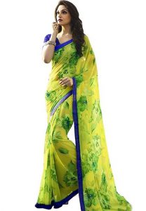 Jaanu Green Printed Premium Georgette Sarees With Blouse