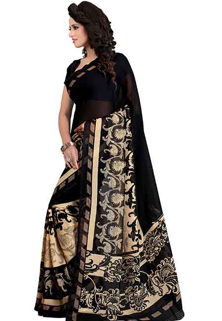 Mallika Black Printed Premium Georgette Sarees With Blouse