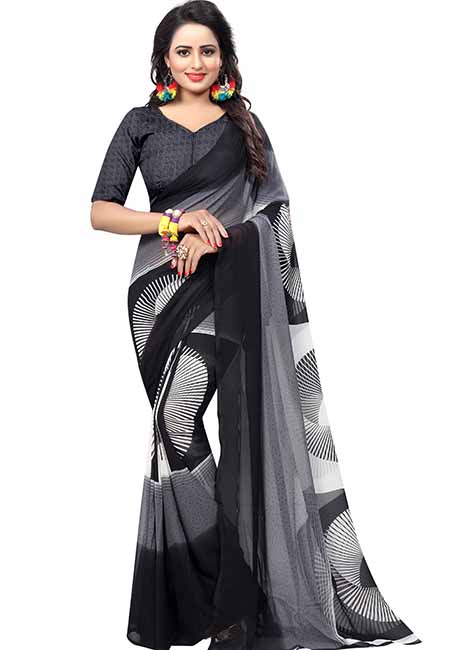 Milky Black Printed Special Georgette Sarees With Blouse