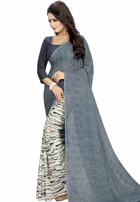 Milky Grey Printed Special Georgette Sarees With Blouse