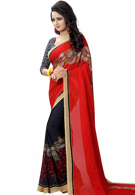 Partly Red Printed Special Georgette Sarees With Blouse