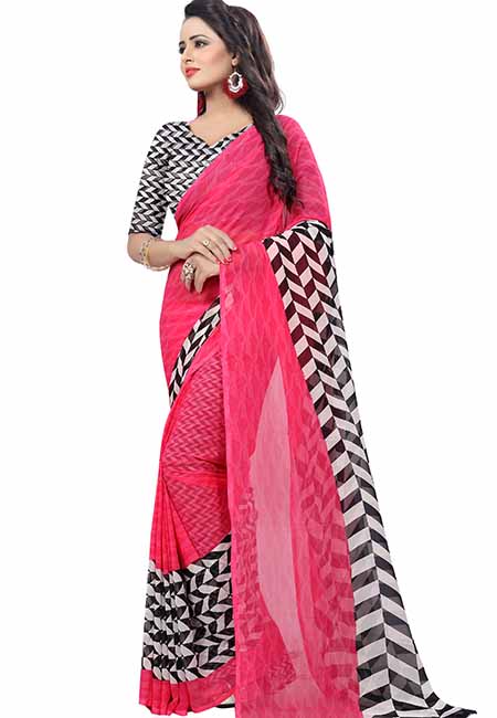 Piku Pink Printed Premium Georgette Sarees With Blouse