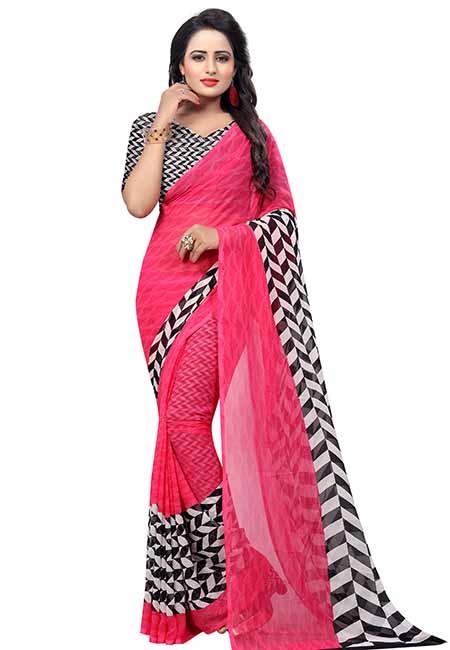 Piku Pink Printed Premium Georgette Sarees With Blouse