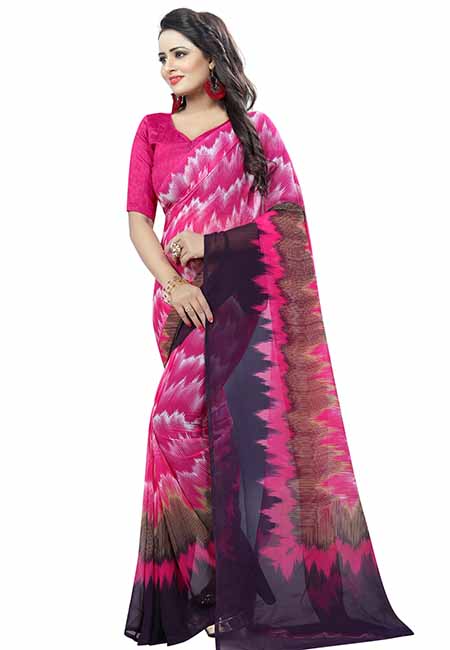 Pink Lehar Printed Premium Georgette Sarees With Blouse