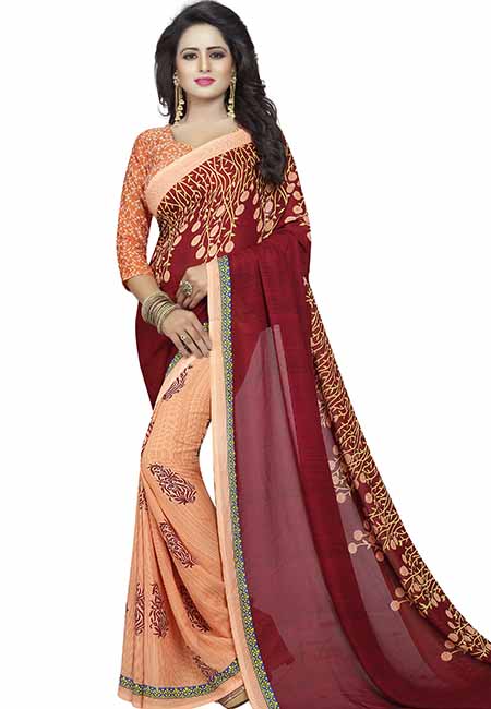 Plant Maroon Printed Special Georgette Sarees With Blouse