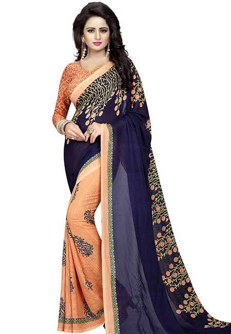 Plant Navy Printed Special Georgette Sarees With Blouse