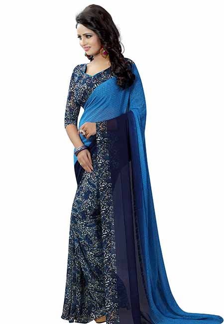 Trump Blue Printed Premium Georgette Sarees With Blouse