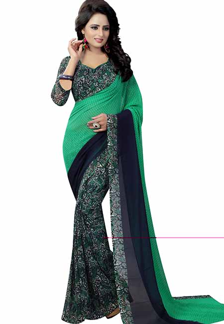 Trump Green Printed Premium Georgette Sarees With Blouse
