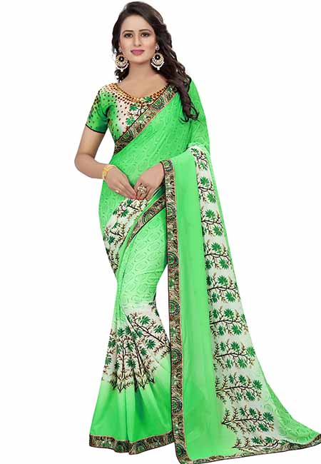 Parrot Green Printed Premium Georgette Sarees With Blouse