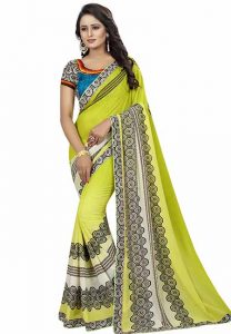 Yellow Printed Premium Georgette Sarees With Blouse