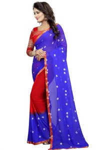 Blue Red Bandhani Printed Chiffon Sarees With Blouse