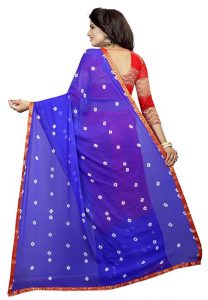 Blue Red Bandhani Printed Chiffon Sarees With Blouse