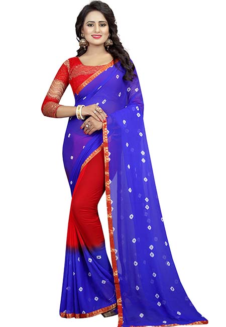 Blue Red Bandhani Printed Chiffon Sarees With Blouse