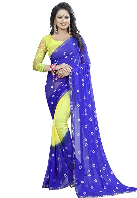 Blue Yellow Bandhani Printed Chiffon Sarees With Blouse