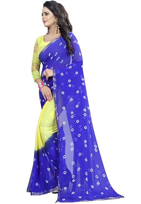 Blue Yellow Bandhani Printed Chiffon Sarees With Blouse