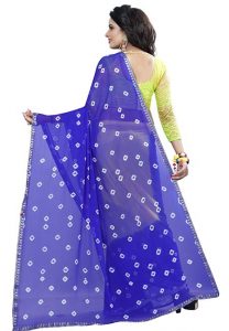 Blue Yellow Bandhani Printed Chiffon Sarees With Blouse