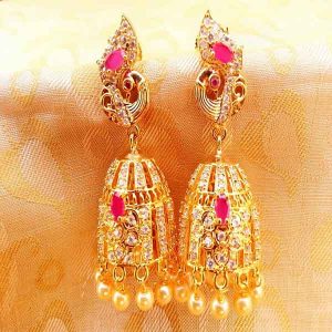 Lovely Pink Peacock Jhumkas with Ruby Stone