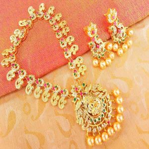 Royal Multi-Color Uncut Peacock Temple Jewellery with Matt Finish