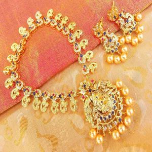 Splendid Pink & Blue Uncut Peacock Temple Jewellery With Matt Finish