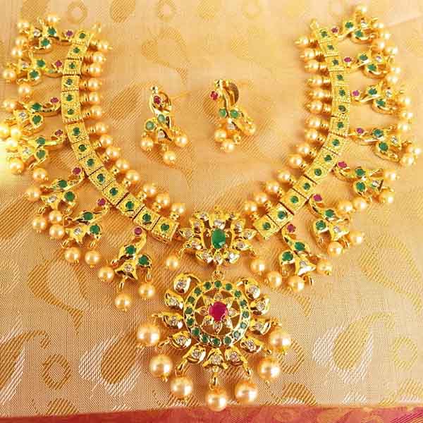 Gorgeous Emerald Peacock Uncut Necklace Set with Pearl Drops - Zakarto