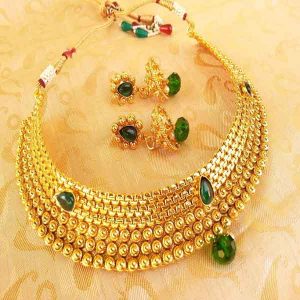 Gorgeous Green Kemp Metallic Necklace Set with Jhumkas