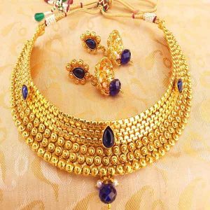 Beautful Blue Kemp Metallic Necklace Set with Jhumkas