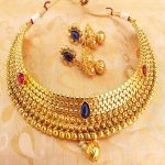Royal Pink & Blue Kemp Metallic Necklace Set with Jhumkas