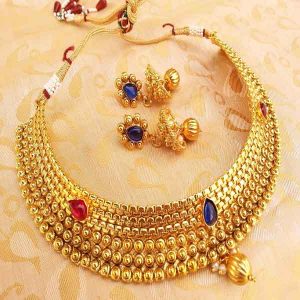 Royal Pink & Blue Kemp Metallic Necklace Set with Jhumkas
