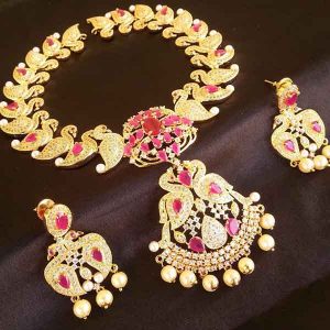 Royal High Gold plated Ruby & CZ Peacock Bridal Necklace Set