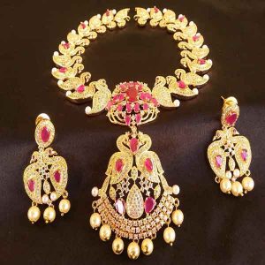 Royal High Gold plated Ruby & CZ Peacock Bridal Necklace Set