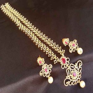 Cute AD & Ruby High Gold plated Bridal Long Haar Set