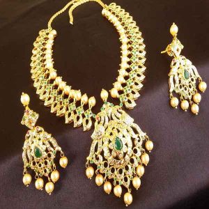 Gorgeous High Gold Plated green Peacock Uncut Stone Bridal Necklace set