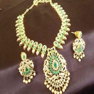 Splendid High Gold Plated Green Peacock Uncut Stone Bridal Necklace Set