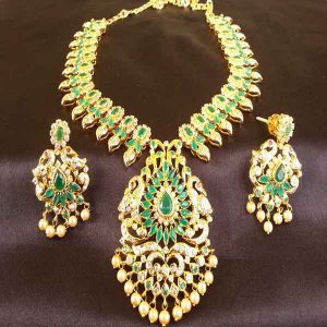 Splendid High Gold Plated Green Peacock Uncut Stone Bridal Necklace Set ...