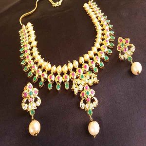 Gorgeous High Gold plated Multi-Color Uncut Stone Necklace Set