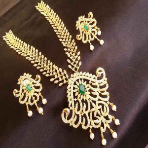 Marvellous AD Designer High Gold Plated Bridal Necklace Set with emerald Stone