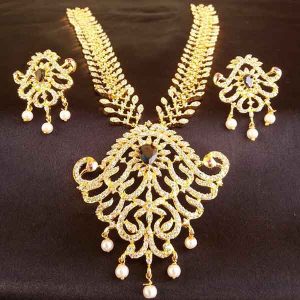 Amazing AD Designer High Gold Plated Bridal Necklace Set with Black Stone