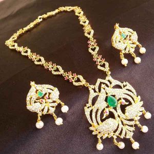 Amazing Multi-Color AD Peacock Necklace Set with Emerald Stone