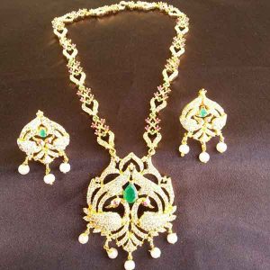 Amazing Multi-Color AD Peacock Necklace Set with Emerald Stone