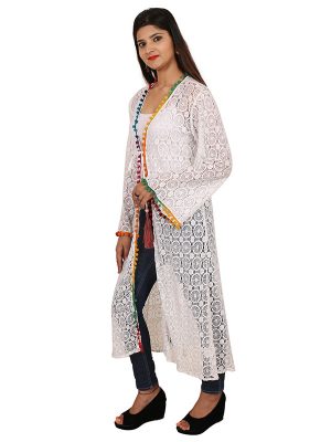 Women's Cotton Net Work Woven Long Shrug (White)