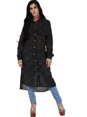 Women's Chiffon Polka Print Button Closer Long Shrug (Black)