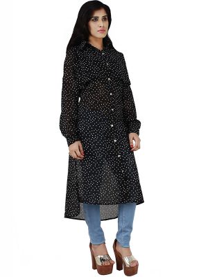 Women's Chiffon Polka Print Button Closer Long Shrug (Black)