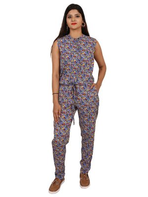 Women's Polyester Floral Print Round Neck Full Length Jumpsuit (Multicolor)
