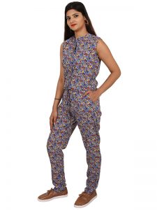 Women's Polyester Floral Print Round Neck Full Length Jumpsuit (Multicolor)