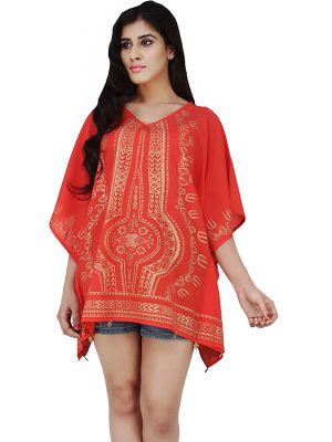 Women's Polyester Gold Print V-neck Gold Coin Casual Wear Kaftan (Red)