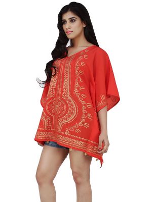 Women's Polyester Gold Print V-neck Gold Coin Casual Wear Kaftan (Red)