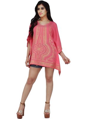 Women's Polyester Gold Print V-neck Gold Coin Casual Wear Kaftan (Pink)
