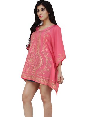 Women's Polyester Gold Print V-neck Gold Coin Casual Wear Kaftan (Pink)