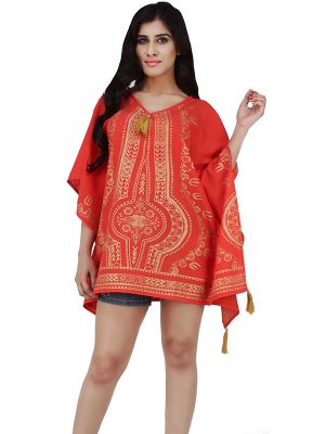 Women's Polyester Gold Print V-neck Gold Tasseled Casual Wear Kaftan (Red)