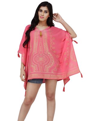 Women's Polyester Gold Print V-neck Gold Tasseled Casual Wear Kaftan (Pink)